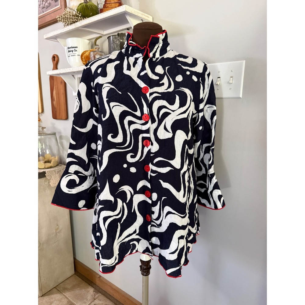 Ali Miles Button Up Tunic Small Navy White Abstract Swirl Artistic art to wear